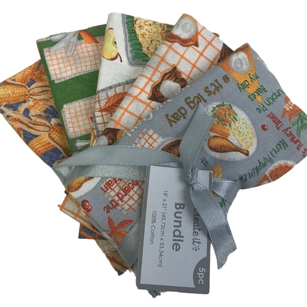 5 New Create It 18" by 21" Fall Harvest Feast Pumpkin Cotton Fat Quarters Fabric